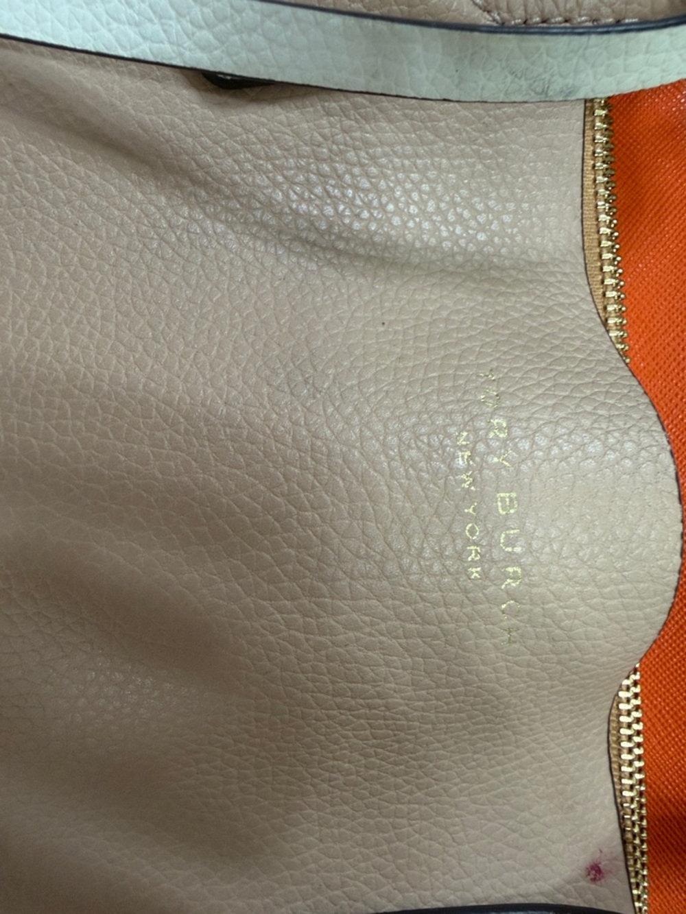 Tory Burch Beige Pebbled Leather Shoulder Bag with Orange Lining